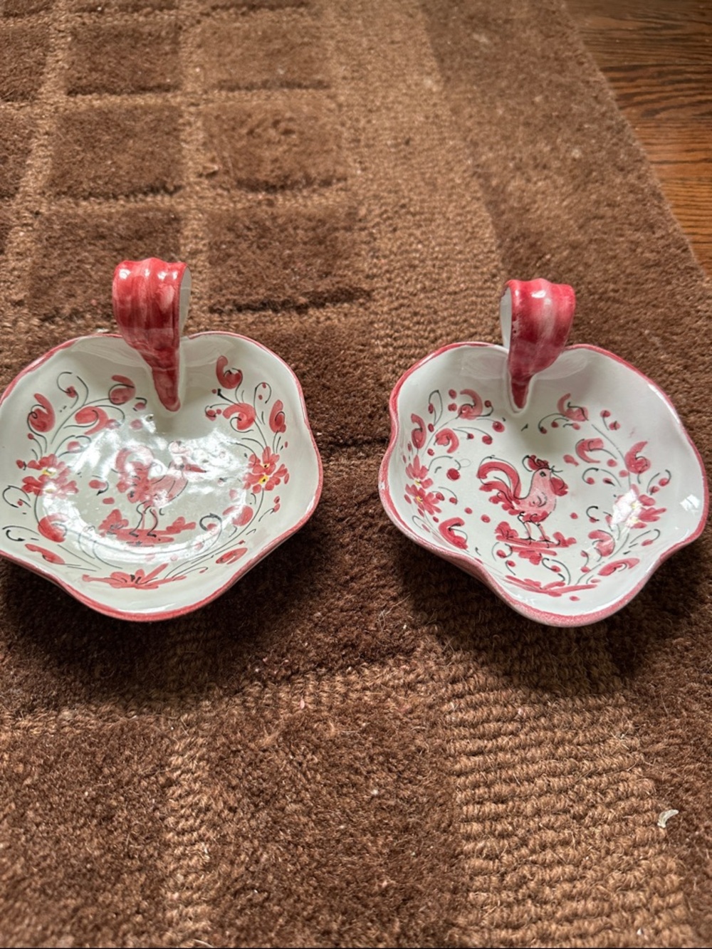 2 Italian Hand-Painted Ceramic Rooster Spoon Rests/plates  - Pink and White